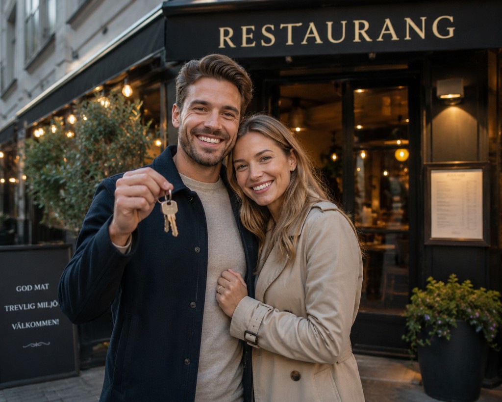 Anders Ölve och en restaurangkollega utanför en restaurang.